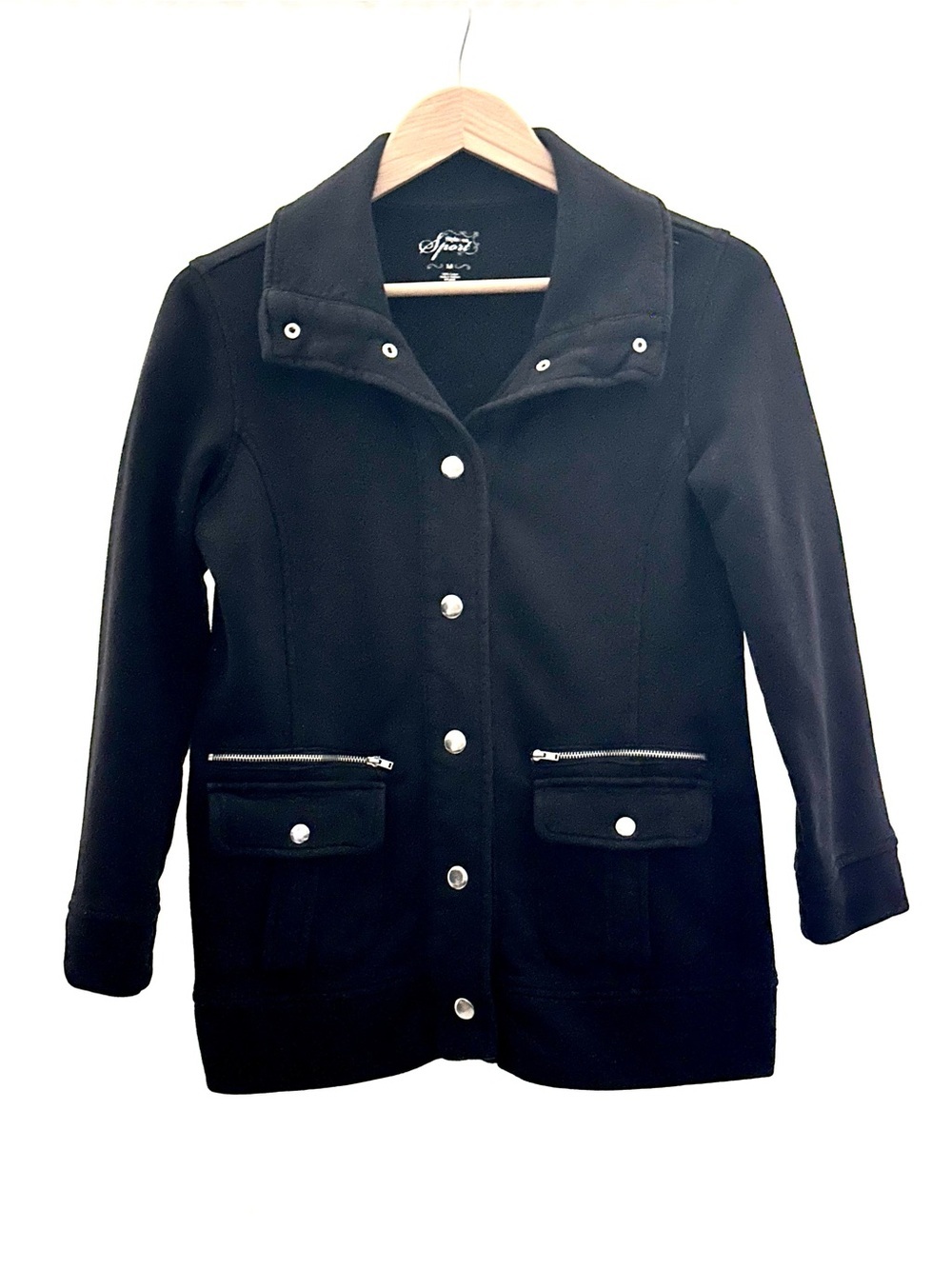 Style & Co. Black Snap-Front Women’s Coat with Zip Pockets Size Medium - Picture 2 of 6